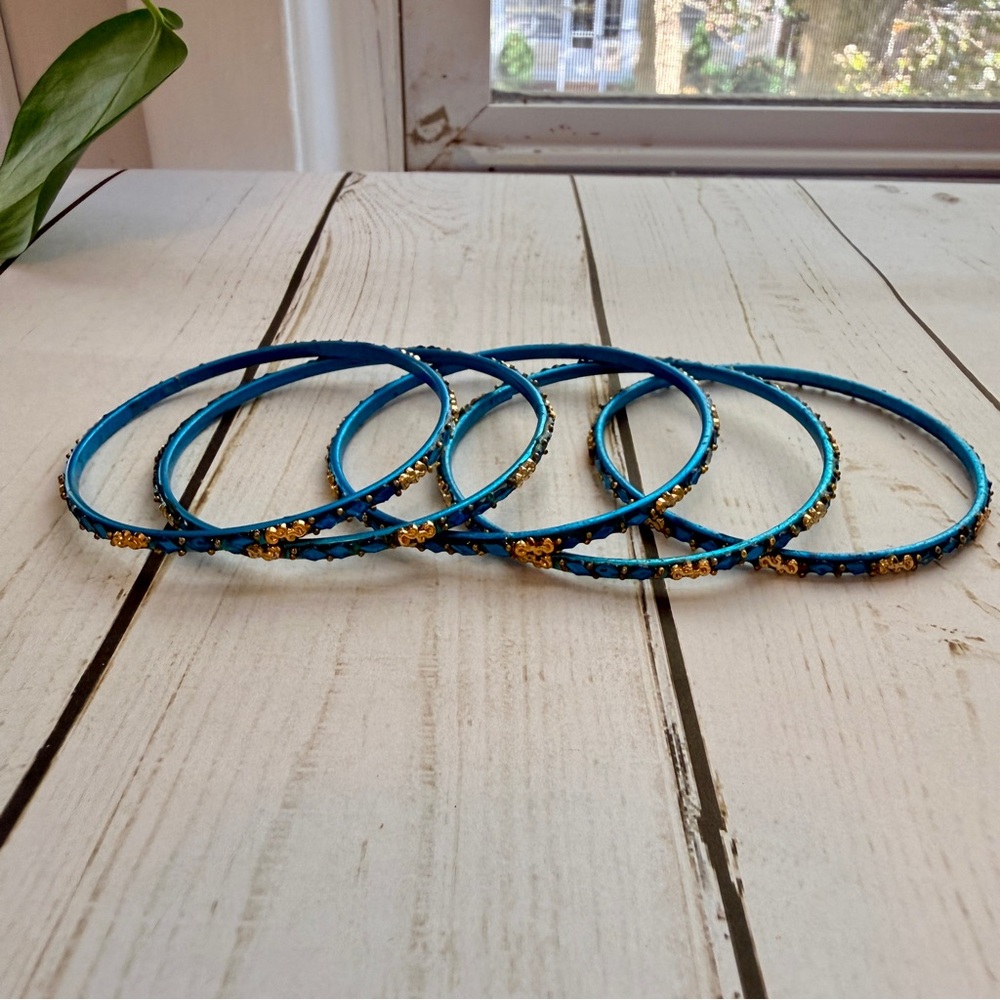 Teal Blue and Gold Bangle Bracelets - Picture 4 of 5